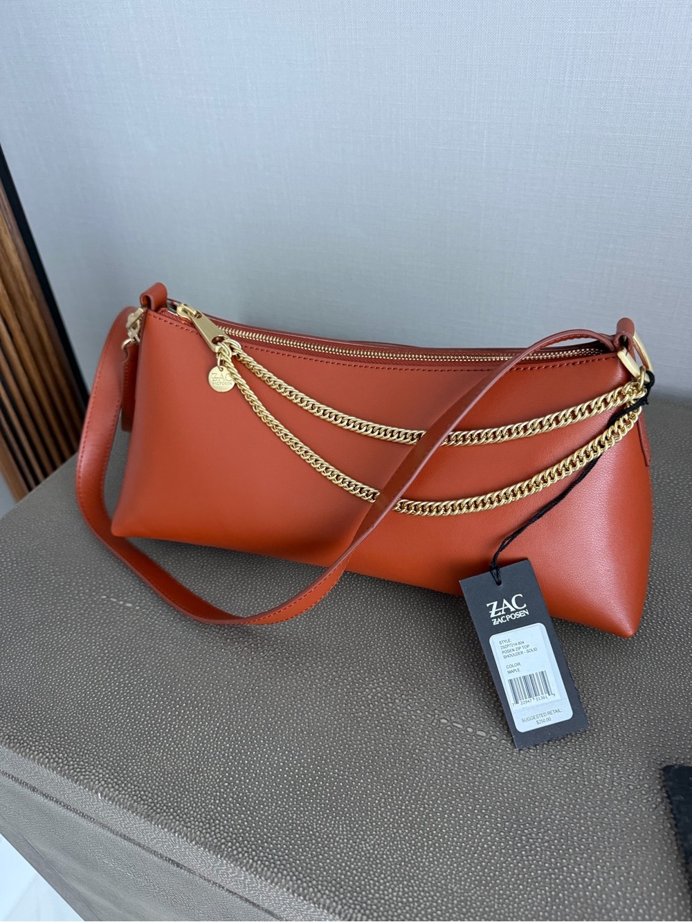 ZAC Zac Posen Burnt Orange Leather Shoulder Bag with Gold Chains